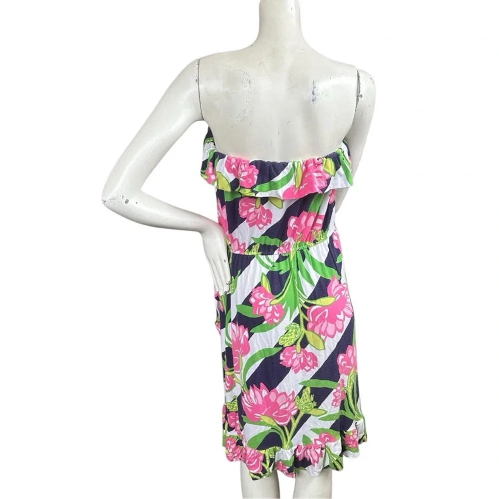 Lilly Pulitzer Strapless Flor Faux Wrap Dress Navy Pink Jumping the Line Large - Picture 7 of 11